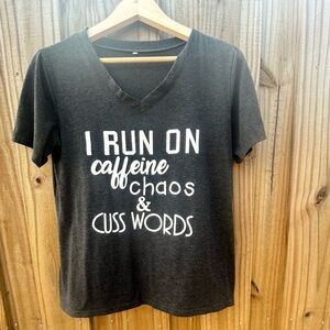 I Run On Caffeine & Cuss Words Graphic V-Neck Tee - Charcoal gray short sleeve